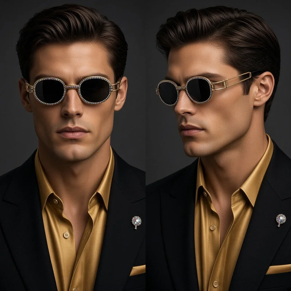 Rhinestone Sunglasses Oval Frame Gold Metal Designer Fashion Men Hip Hop Diamond